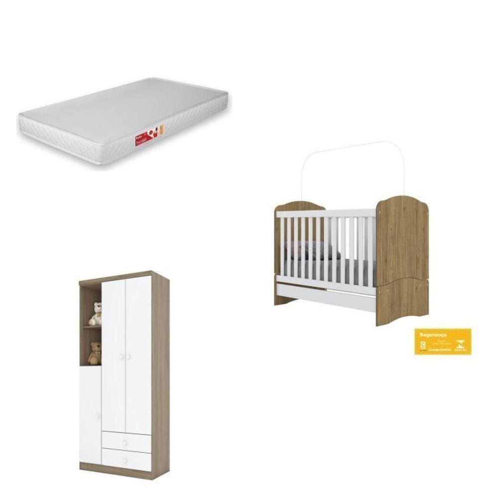 Quarto de Bebê Compacto com Berço e Guarda Roupa Lápis de Cor com Colchão Branco/Rústico