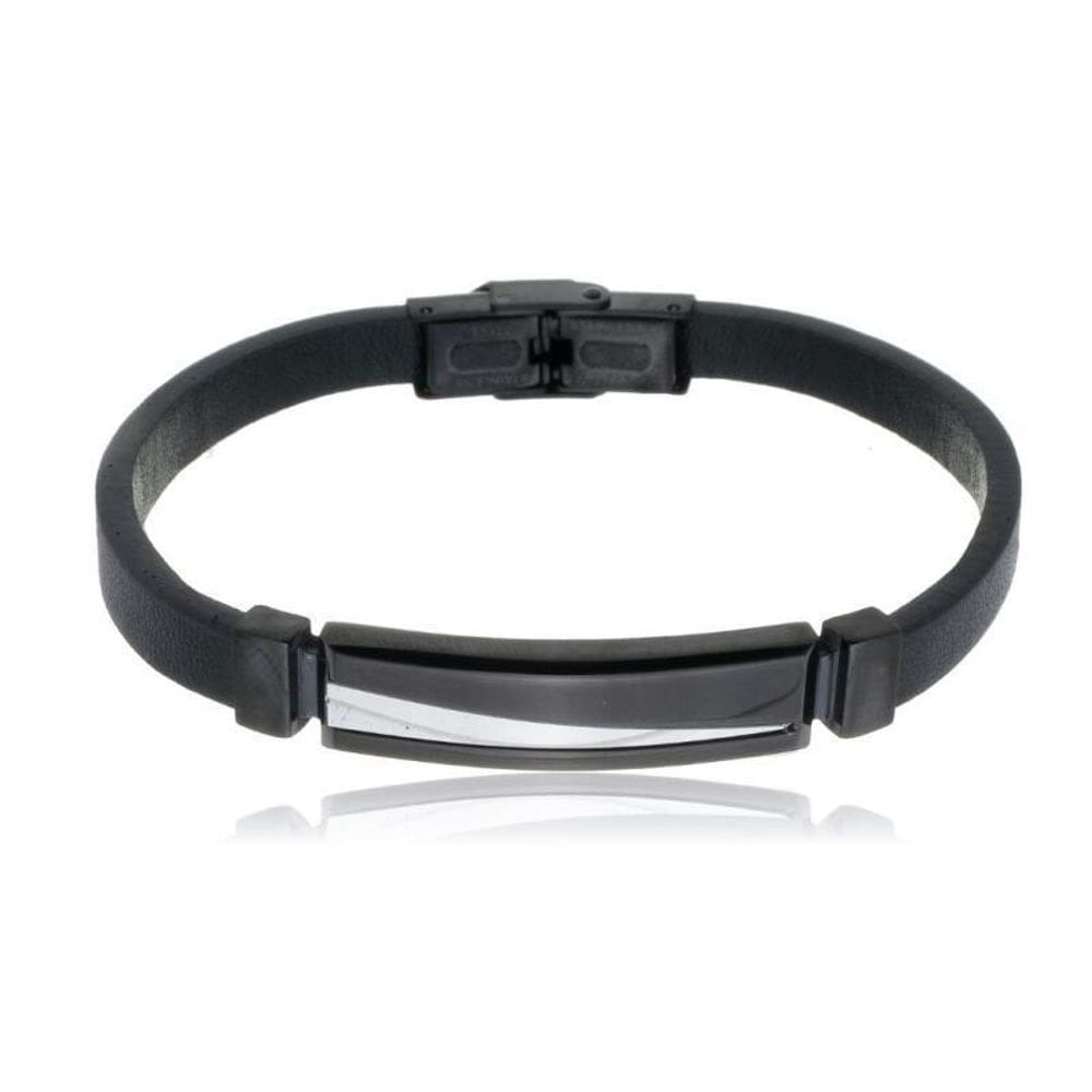 Bracelete Aço 20Cm Couro Preto Trabalhado Com Placa 10X36Mm