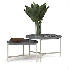 Jogo 2 Mesas Industrial Centro Sala Prisma Mesinhas MDF Redonda Pequena Pés Ferro Resistente Decoração Casa - Cinza - RPM