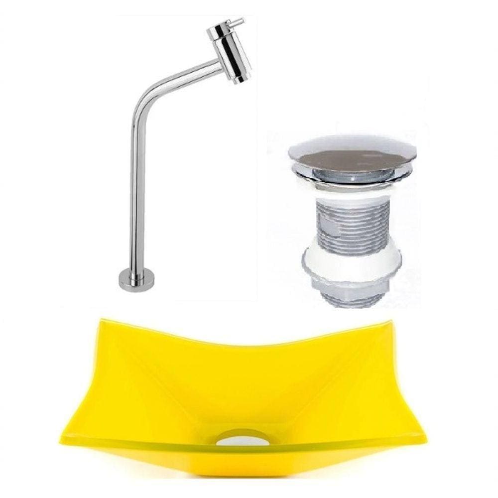 Cuba de Vidro Retangular 39cm Amarela + Válvula + Torneira