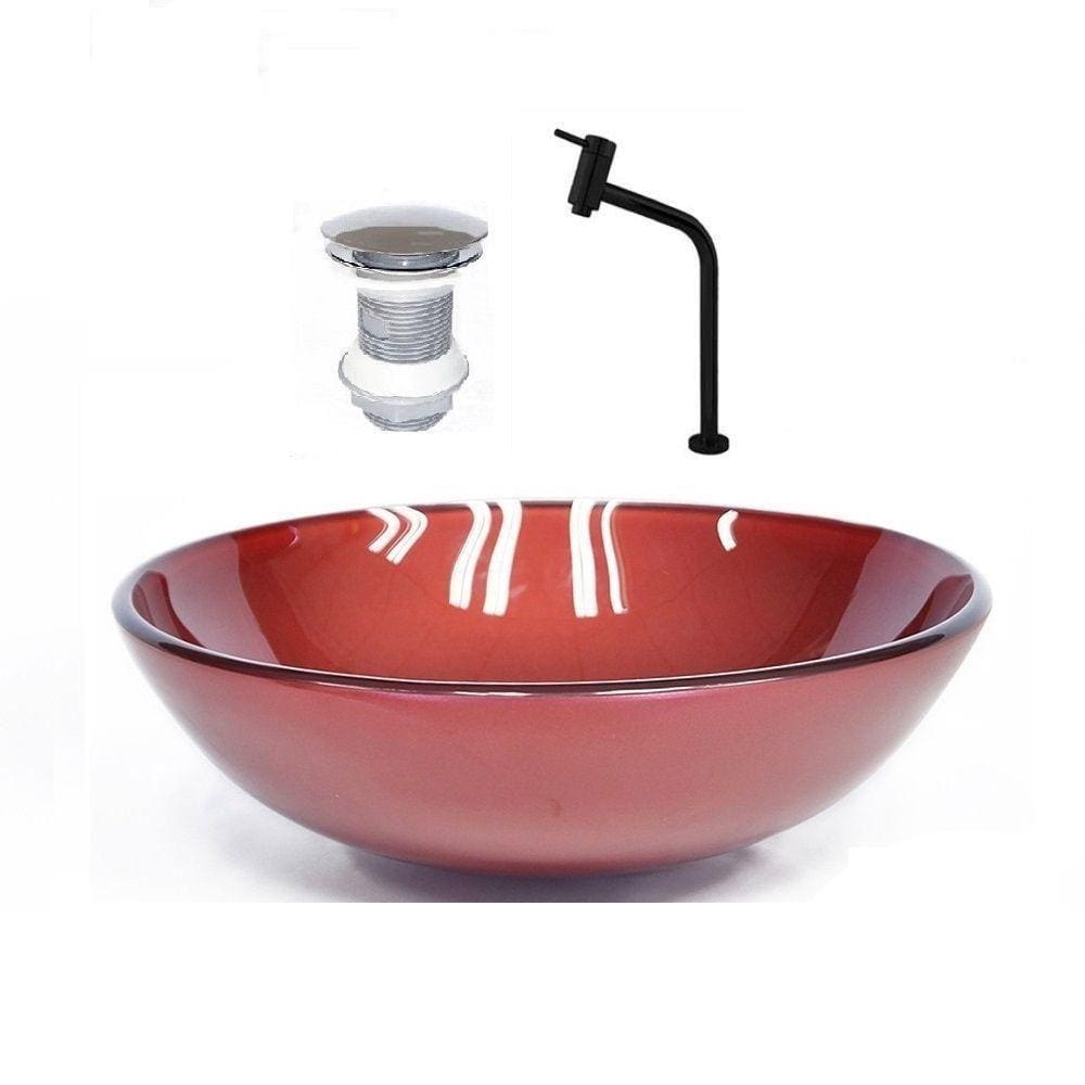 Cuba de Vidro Redonda 42cm Vermelho + Valvula + Torneira Preta