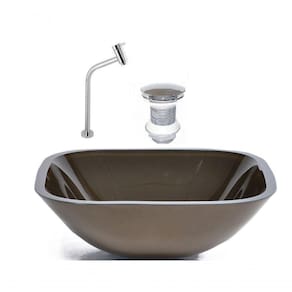 Cuba de Vidro Quadrada 35cm Marrom + Valvula + Torneira
