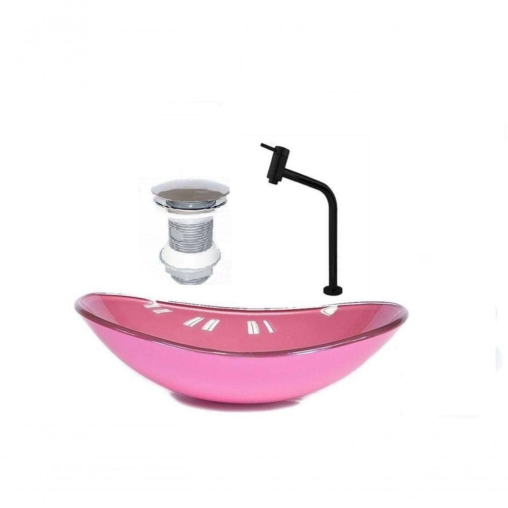 Cuba de Vidro Oval 55cm Rosa + Valvula + Torneira Preta