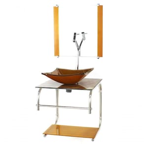 Gabinete De Vidro Para Banheiro 40cm Inox Cuba Quadrada Com Sifao E Torneira Metal Cor:marmore Marfim