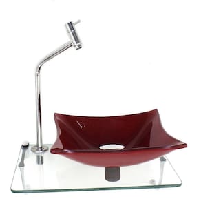 Kit Cuba De Vidro Quadrada 10Mm Vermelho Cereja Com Tampo 40Cm Incolor E Suporte Cromado