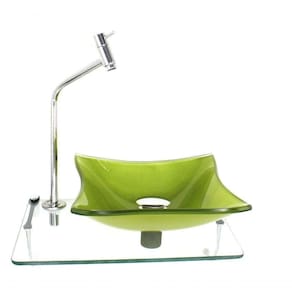 Kit Cuba De Vidro Quadrada 10Mm Verde Oliva Com Tampo 40Cm Incolor E Suporte Cromado