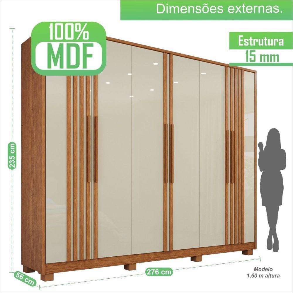 Guarda-roupa 6 Portas com Ripado 6 Gavetas Potenza Cinamomo/Off