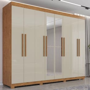 Guarda-Roupa 8 Portas com Espelho 4 Gavetas Milano Cinamomo/Off-White