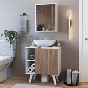 Conjunto Gabinete de Coluna 01 Porta e Armário com Espelho para Banheiro Slim sem Cuba Branco / Montana