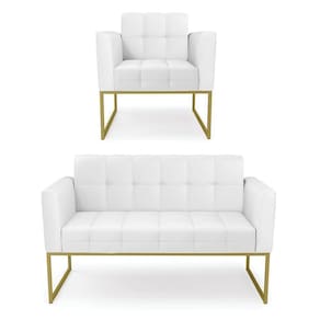Kit 1 Sofá Namoradeira E 1 Poltrona Elisa Corino Branco Base Metálica Industrial Dourado - D`rossi