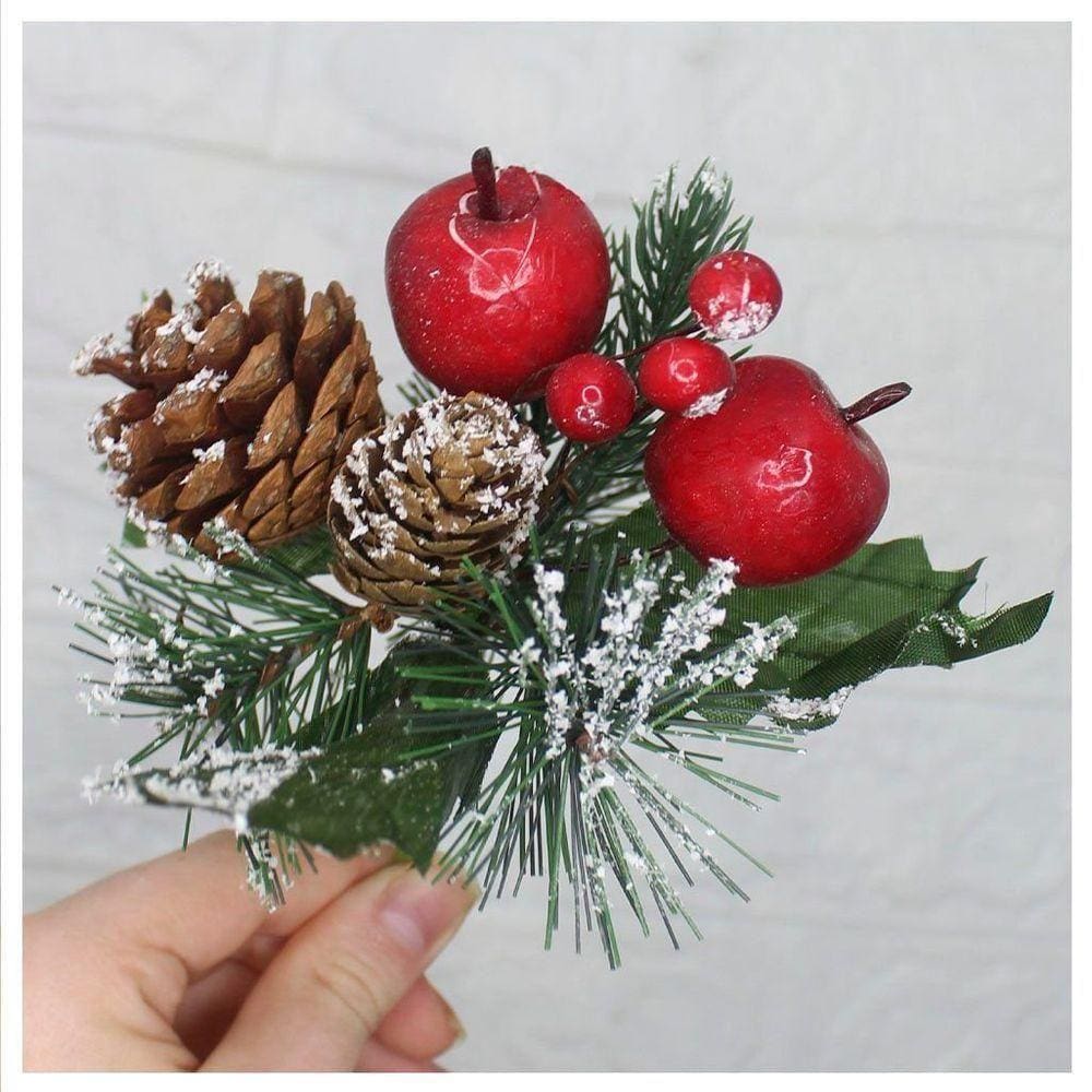 Kit 6 Ramos Maçã Decoração Natal Artificial Com Detalhes Branco 17cm
