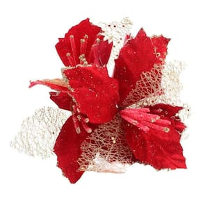 Kit 4 Flores Vermelhas Com Cabo Artificial Decoração De Natal Com Glitter 22cm