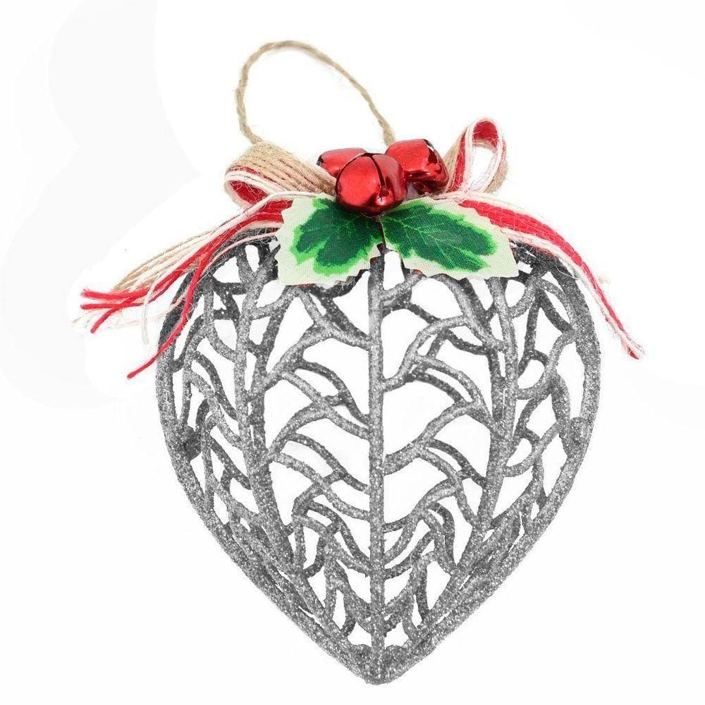 Kit Conjunto 12 Peças Decoração Enfeite Bola Coração árvore Natal Prata Glitter Natalina 11,5cm