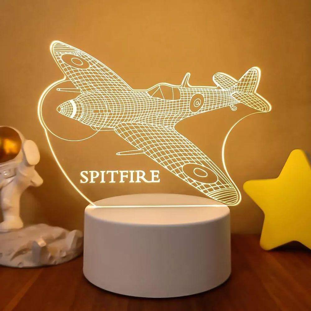 Luminária Abajur Avião Guerra Spitfire Display Led 3D Mesa