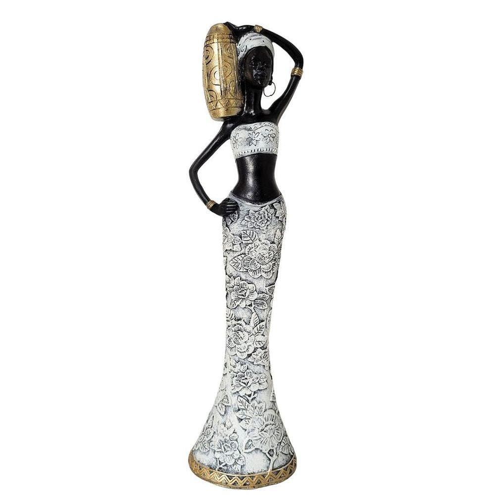 Estatueta Decorativa Africana Com Vaso no Ombro Resina Luxo Dourado e Branco 38cm - MCD