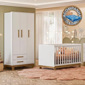 Quarto de Bebê Qencanto Slim com Roupeiro 4340 e Berço 4315 Qmovi Branco Acetinado + Colchão Ortobom