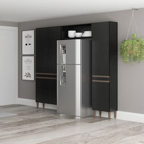 Armário Modulado Cozinha para Geladeira com Nicho Sabrina 200cm 3 Peças Preto