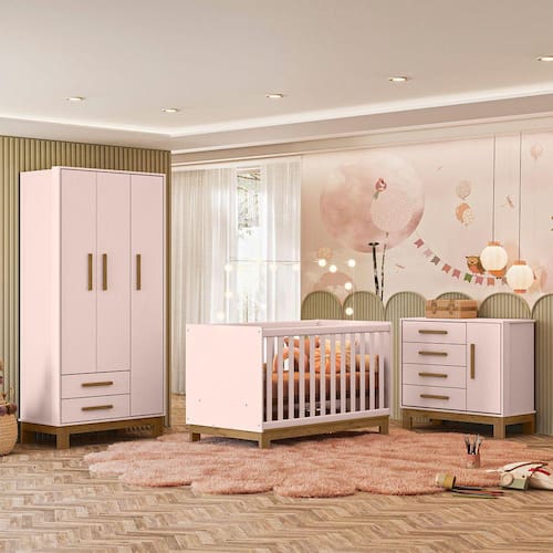 imagem-Quarto de Bebê Qencanto Slim Completo Qmovi Rosa Acetinado - Rosa Claro