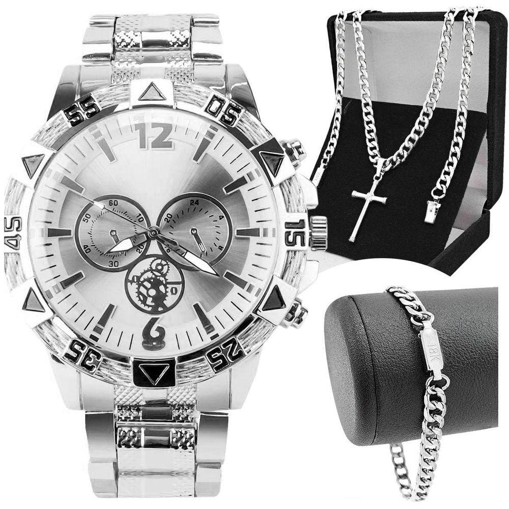 Relogio Masculino Prova Dagua Aço + Pulseira + Cordão Cruz