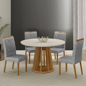 Conjunto Mesa Rose com 4 Cadeiras Lara Cinamomo/Off White/Prata Linho