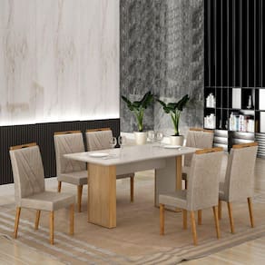 Conjunto Mesa Julia 160cm com 6 Cadeiras Lara Cinamomo/Off White/Bege Linho