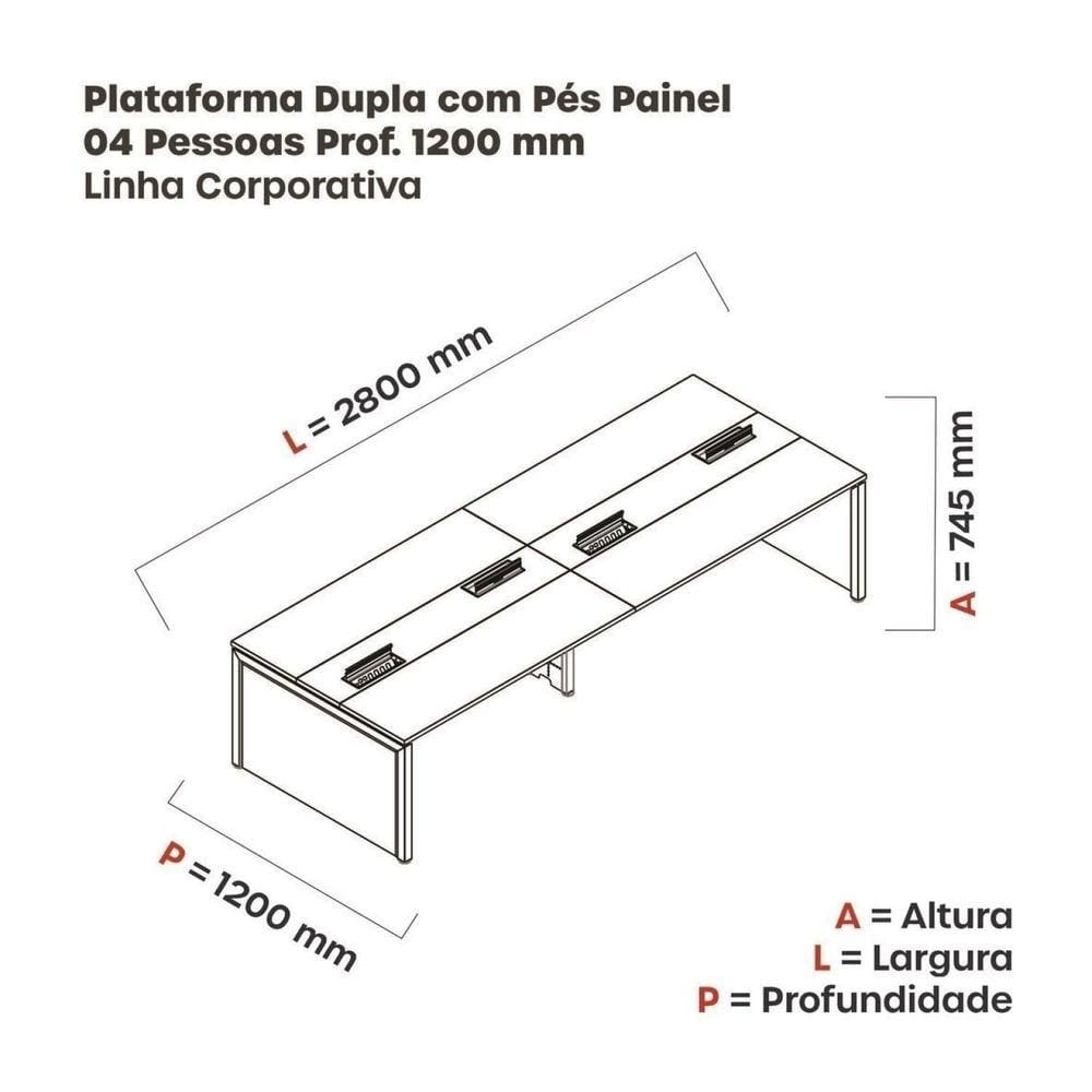 Mesa Plataforma Dupla para 4 Lugares para Coworking 140x120/4p Grafito/Branco