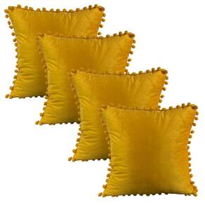 Pacote de capas de almofada: 4 de veludo com pompons, 45 x 45 cm, mostarda