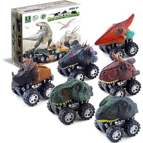 Conjunto de 6 carros de dinossauro com 6 T-rex, Triceratops e Dilofhosaurus