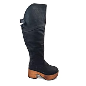 Plataforma de botas de couro preto com salto de 7 cm para mulheres