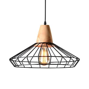 Luminária pendente de madeira com placa de metal 39 cm de diâmetro 25 cm de altura