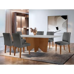 Sala de Jantar Mesa Evora 180 Mdf Canto Reto com 6 Cadeiras Grecia Rufato