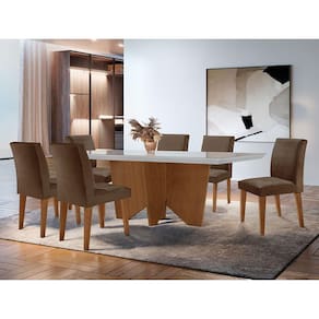 Sala de Jantar Mesa Evora 180 Mdf Vidro Canto Reto com 6 Cadeiras Grecia Rufato