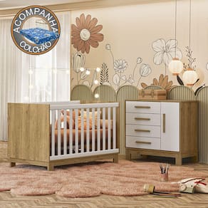 Quarto de Bebê Qencanto Slim com Cômoda 4355 e Berço 4315 Qmovi Freijó Branco Acetinado + Colchão Ortobom