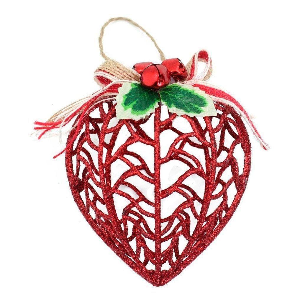 Kit Conjunto 6 Peças Decoração Enfeite Bola Coração árvore Natal Vermelha Glitter Natalina 11,5cm