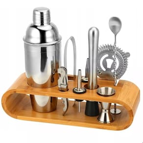 Kit Homebar 12 Peças Inox Suporte Madeira Coqueteleira 550ml