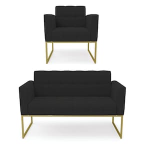 Kit 1 Sofá Namoradeira E 1 Poltrona Elisa Veludo Preto Base Metálica Industrial Dourado - D`rossi