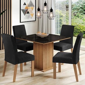 Conjunto Sala de Jantar Mesa Tampo de Vidro 4 Cadeiras Rustic/Preto Oxford Evelin Madesa