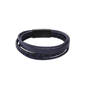 Bracelete Aço 20Cm Couro Azul Tira Trançada Azul E Preto