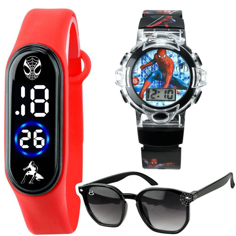 Kit Relógio Homem Aranha Infantil Vermelho Digital Desenho Herói + Óculos Sol Preto Presente