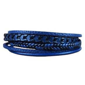 Bracelete Aço Couro Azul 5 Tiras Trançado/Trabalhado Preto