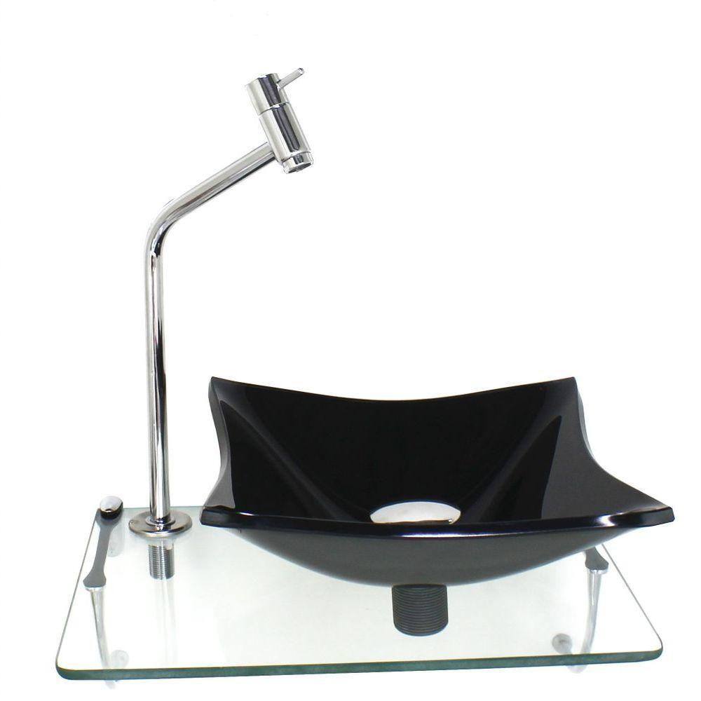 Kit Cuba De Vidro Quadrada 10Mm Preta Com Tampo 40Cm Incolor E Suporte Cromado