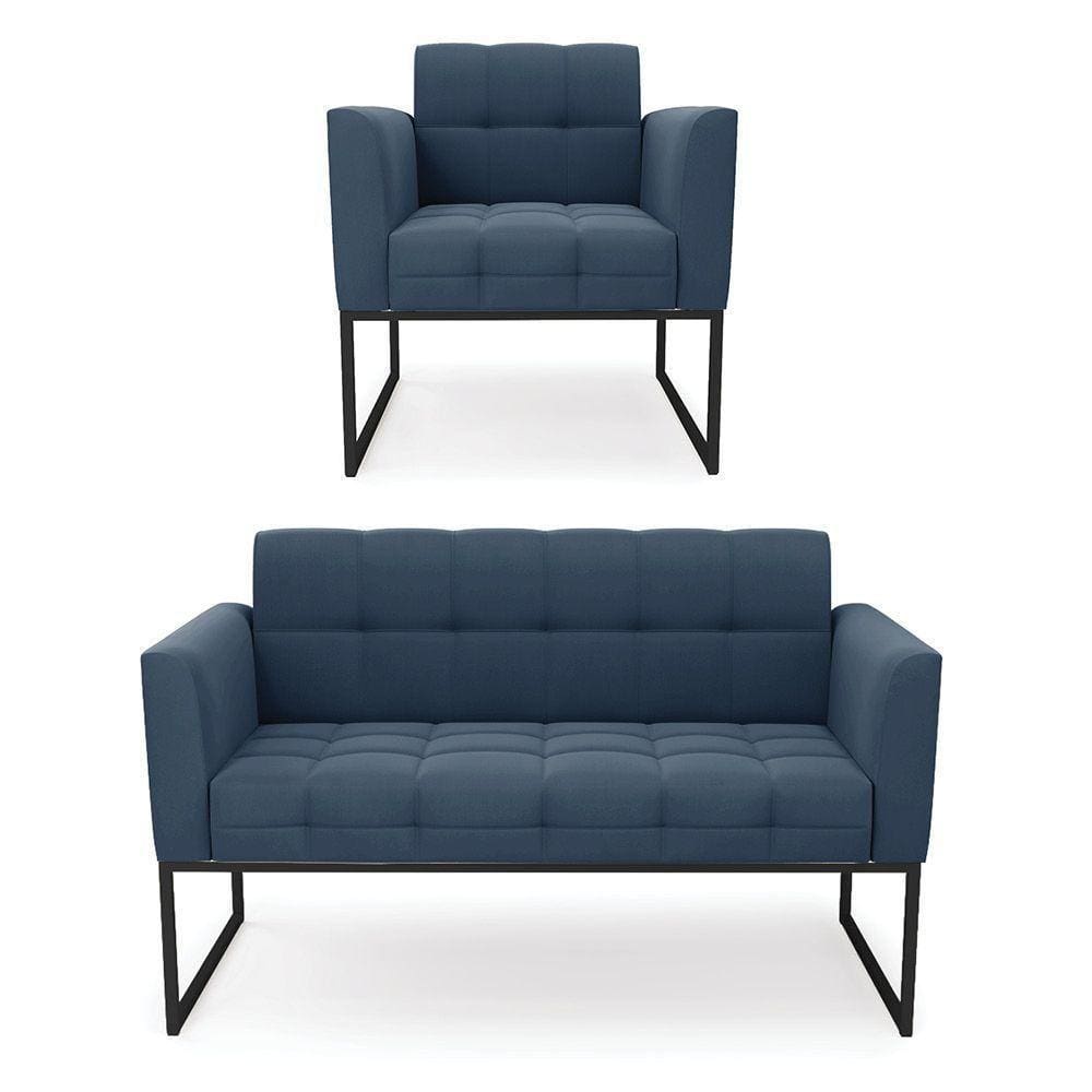 Kit 1 Sofá Namoradeira E 1 Poltrona Suede Base Metálica Industrial Preto - D`rossi Cor Azul Marinho