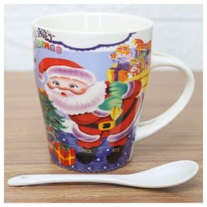 Caneca De Natal Natalina Com Colher Papai Noel Cerâmica 300ml