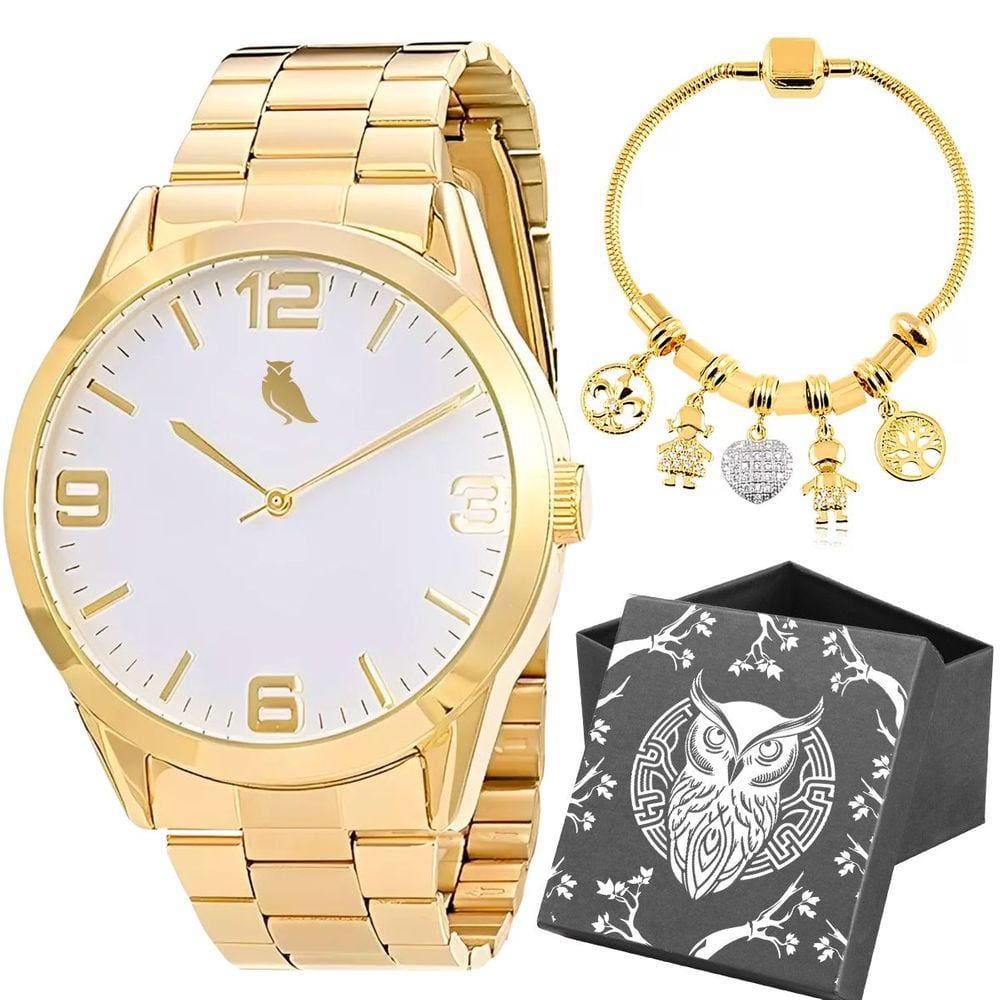Relogio feminino dourado aço inox + pulseira + caixa