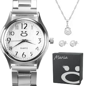 relogio feminino aço inox prata + caixa + colar brincos moda social maria perola