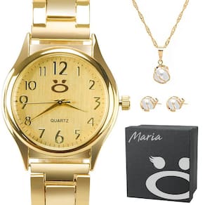 Relogio feminino banhado dourado + colar brinco + caixa social analogico perola Qualidade premium