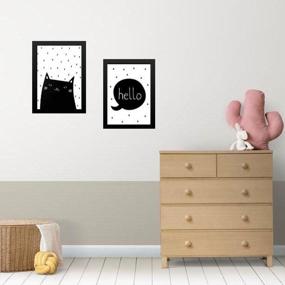 Kit 2 Quadros Infantis Gatinho Escandinavo 45X34Cm - Vidro