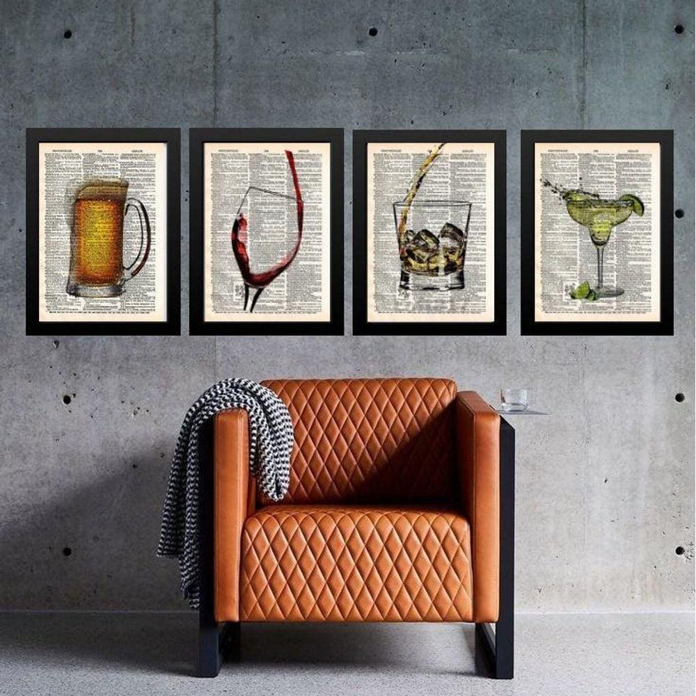 Kit Composição 4 Quadros Vintage Bar 45X34Cm - Com Vidro