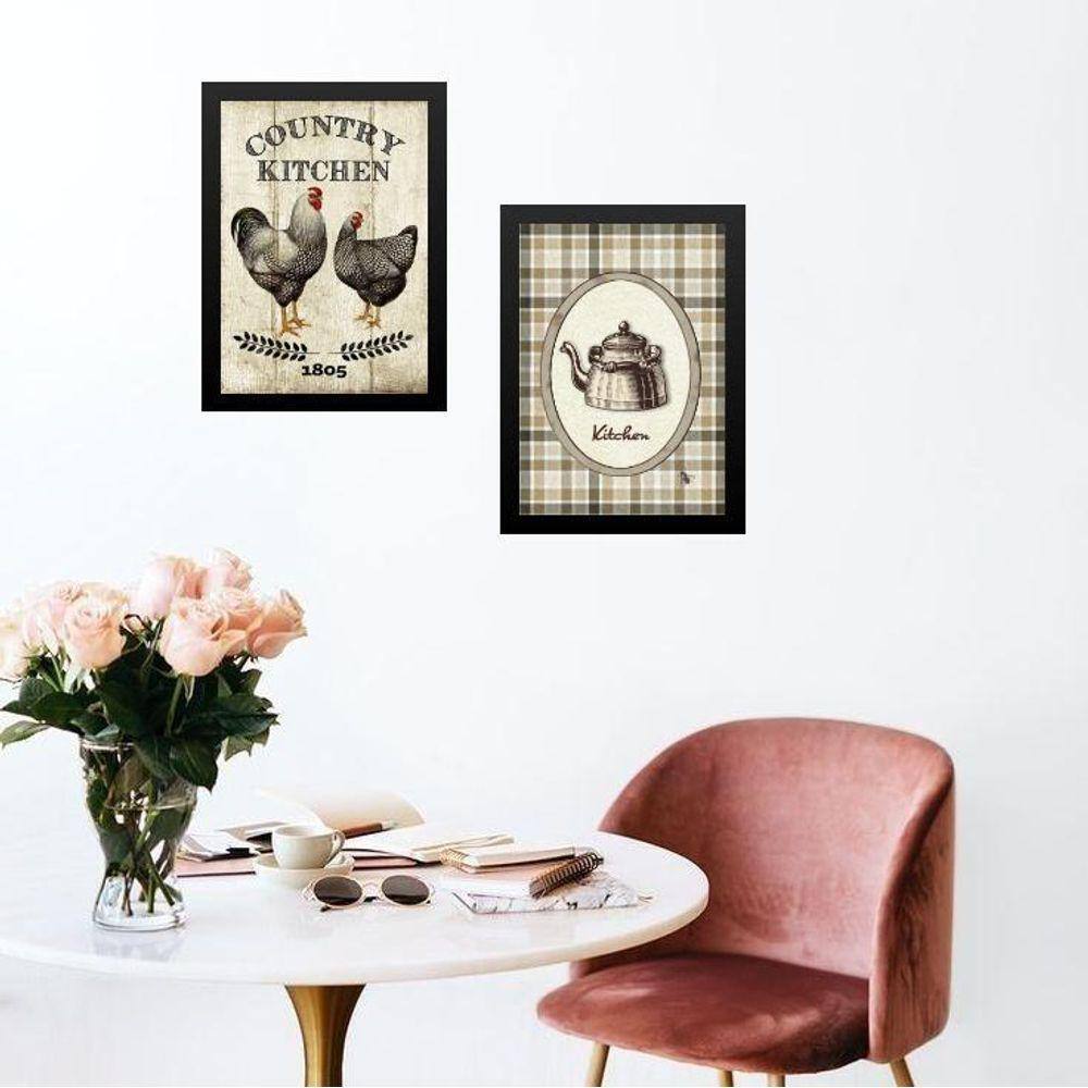 Kit 2 Quadros Cozinha Country Kitchen 24X18Cm - Com Vidro