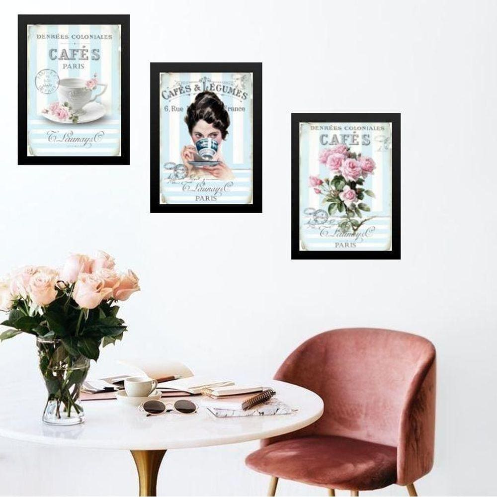 Kit 3 Quadros Cozinha Azul E Rosa Café Paris 24X18Cm - Vidro
